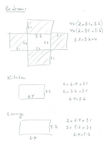 Student work sample showing 2D nets student has drawn to solve the problem. The student has drawn a 2D net of a bedroom to deter