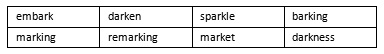 A table of words containing the '-ark' syllable.