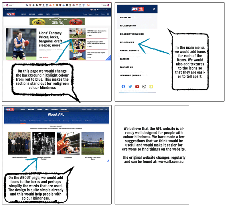 A storyboard with written descriptions explaining the design choices the student has made for their website design.