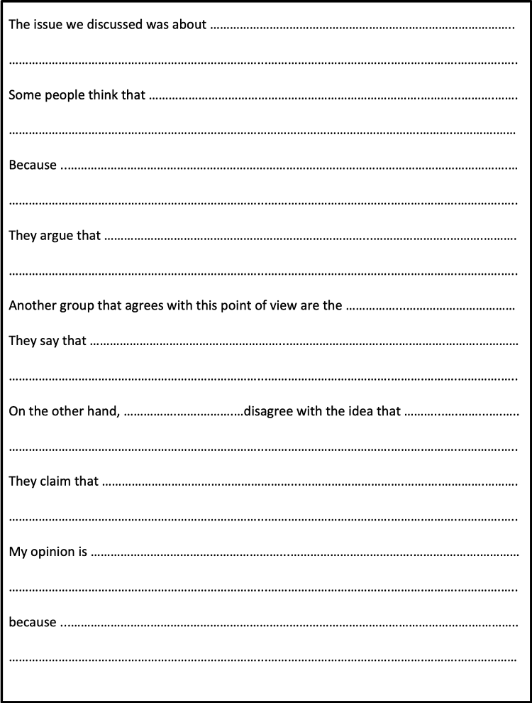 alt text: a template writing frame. Prompts in the writing frame include: The issue we discussed was about … Some people think that … They argue that … Another group that agrees with this point of view are the… They say that … On the other hand, … disagree with the idea that … They claim that … My opinion is … because …